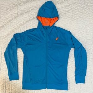 ASICS Slim Fit Running Jacket Activewear Zipper Hoodie Blue with Orange Details